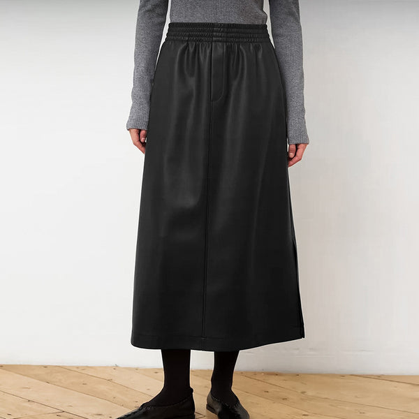 Wildberries  autumn and winter PU leather skirt women's elastic waist A-shaped leather skirt medium and long commuter women's clothing