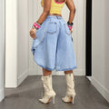 European and american jeans women's light blue washed high waist pleated asymmetrical raw edge wide leg cropped jeans cross-border loose