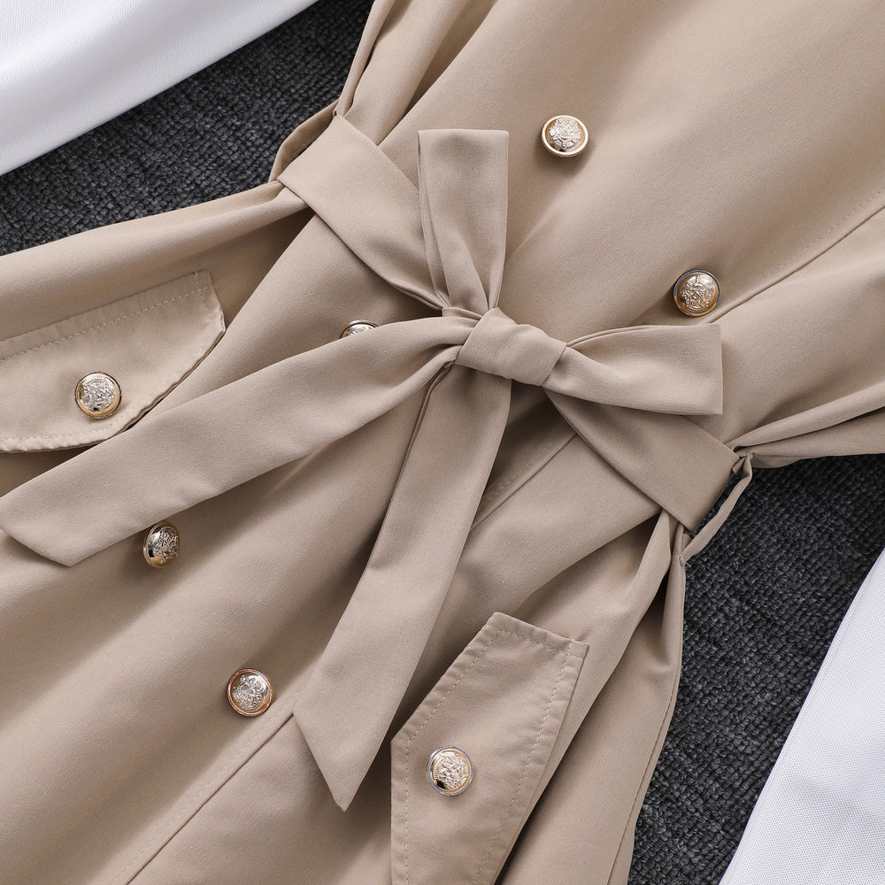 Girls' dress (sizes for mid-to-large children), double-breasted, cinched waist, faux two-piece, long sleeve dress