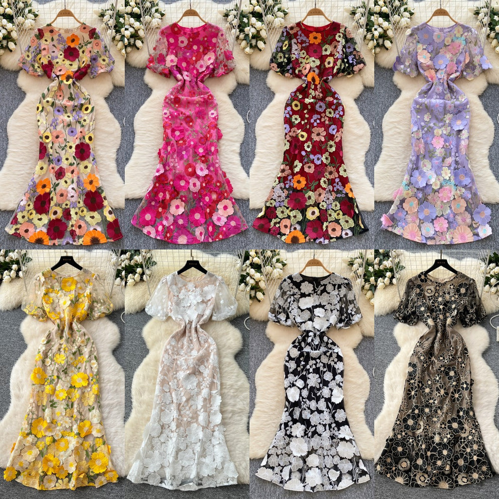 French high-end elegant heavy embroidery floral round neck lantern sleeve cinched waist slimming mermaid tail evening gown dress
