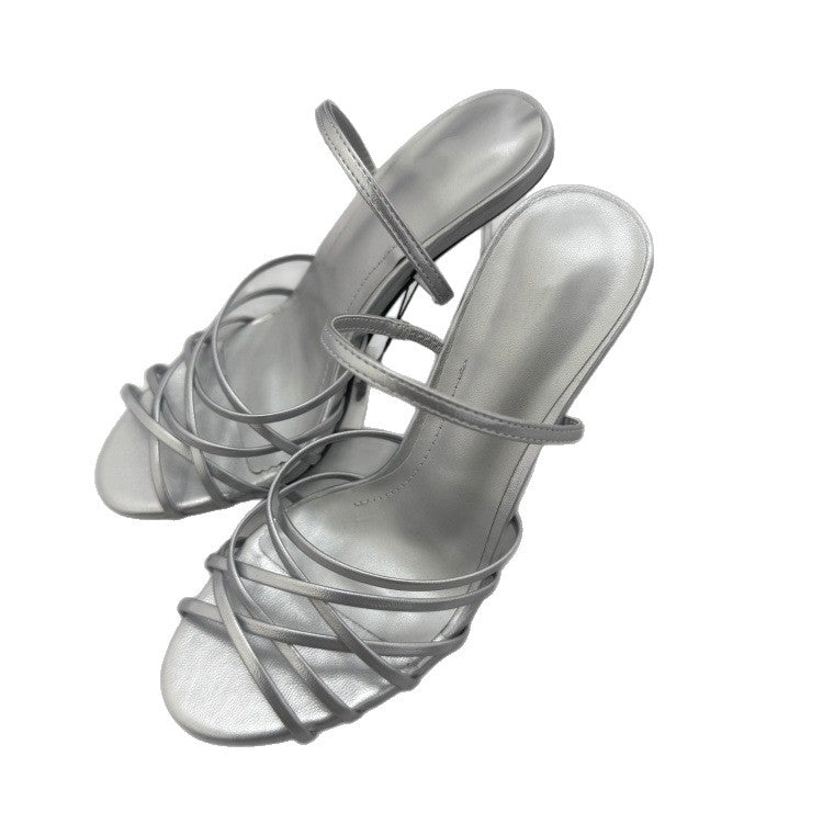 Spanish 2025 summer new women's shoes black pink thin strap decorated leather fashion casual commuter high heel sandals