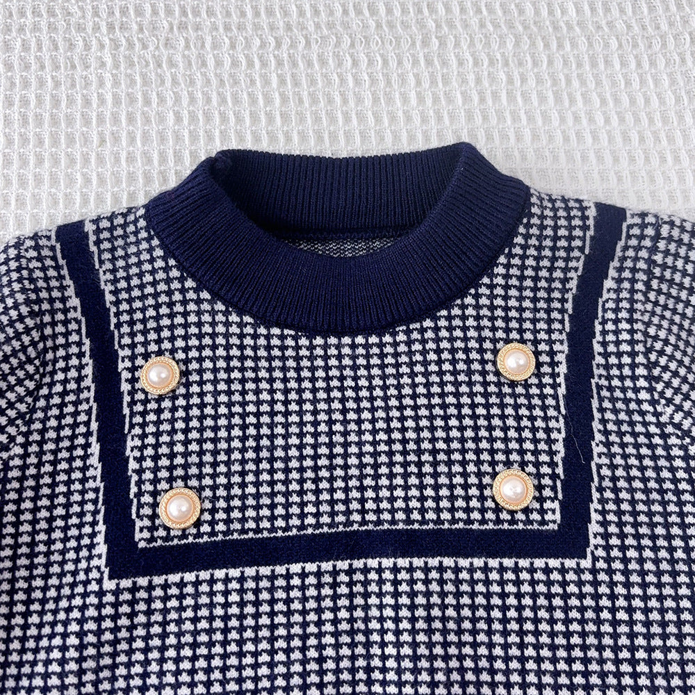 Autumn/winter new korean style girls' sweater set - little girl's simple plaid long-sleeve knit top and skirt two-piece outfit