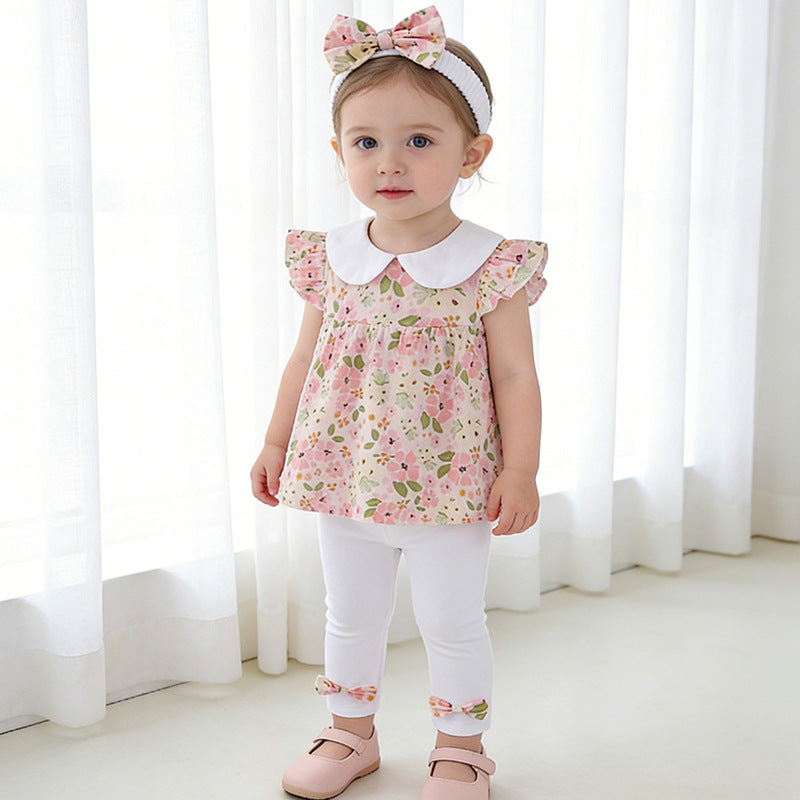 Girls' summer floral outfit: lightweight baby girl's peter pan collar flutter sleeve top and leggings set - sweet and adorable two-piece