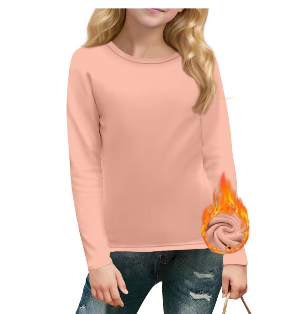 cross-border  autumn/winter new children's long-sleeve crew neck solid color everyday casual fleece-lined t-shirt top