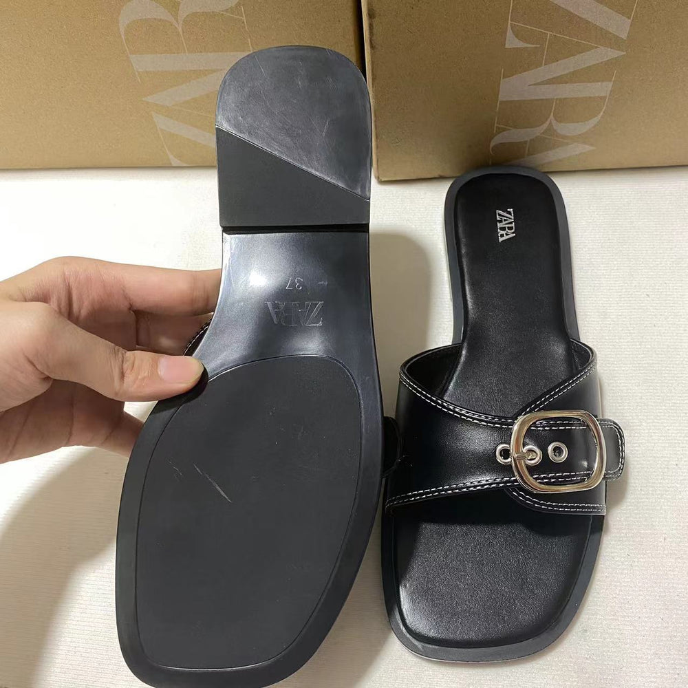 Za2024autumnew arrival one-piece strap back hollow outwear sandals black buckle flats sandals breathable casual