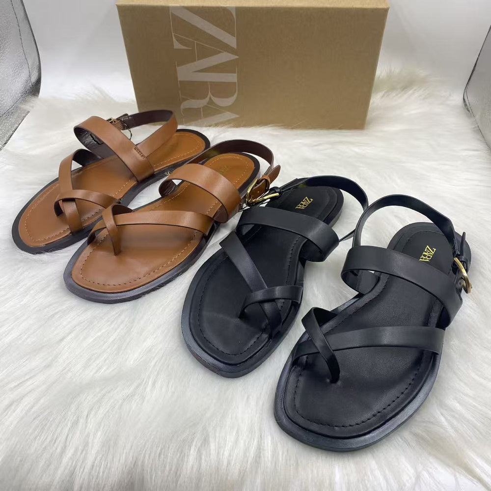 Za2025 winter new women's flat sandals - thong, flip-flop, roman style, outdoor wear, slip-on, everyday versatile sandals