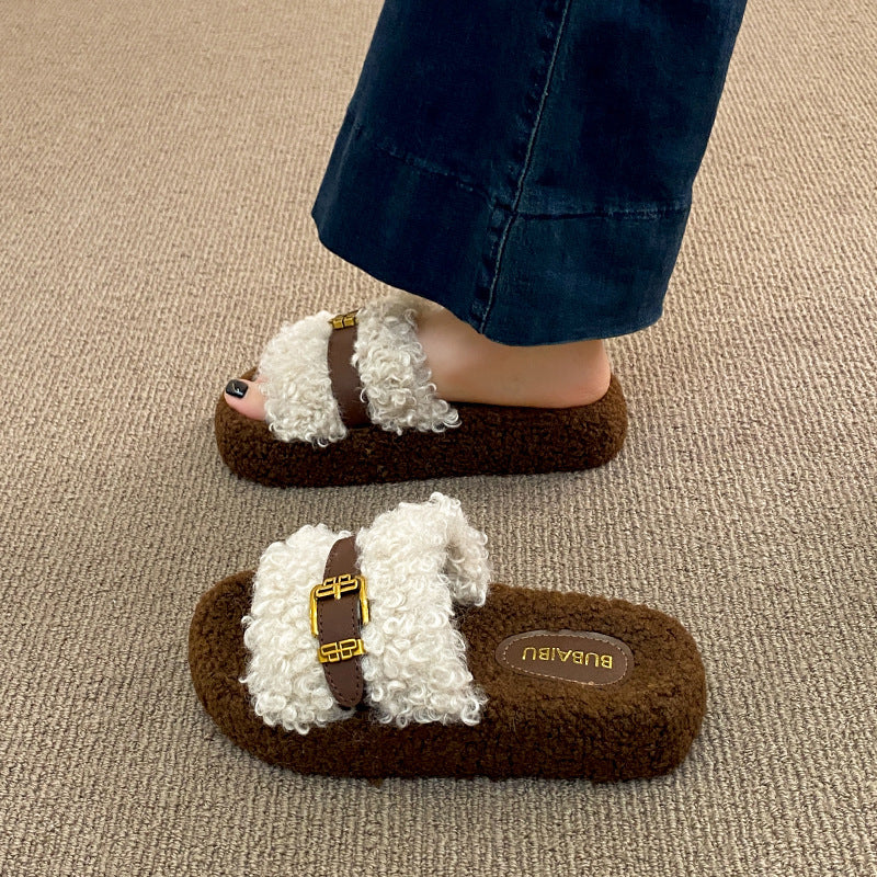 Thick sole heightened fur slippers women's outwear spring & fall new arrivalclassy leather buckle lamb wool home cotton slippers