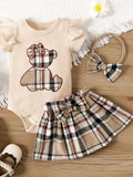 ins newborn infant baby girl summer style bear appliqué embroidered bodysuit triangle romper plaid butterfly