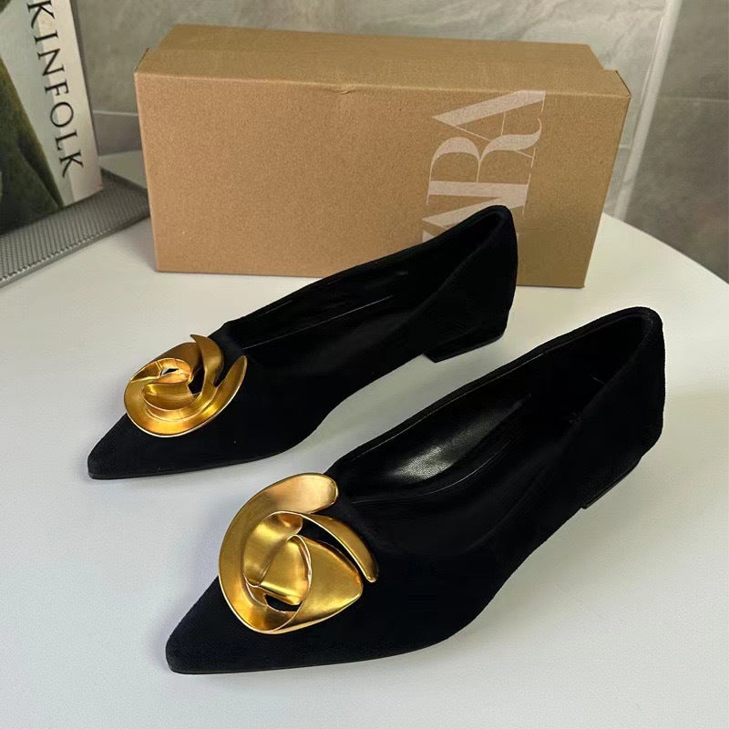 Spanish z brand women's shoes 2024 spring new collection black low-cut slip-on pointed-toe metal flower flat loafers