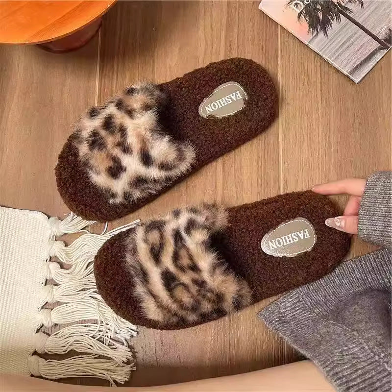 Women's cotton slippers - new autumn/winter outdoor style, trendy anti-slip platform slides with leopard print faux fur trim