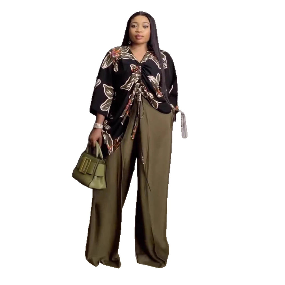 European and american cross-border women's clothing  summer new collection: casual plus size printed drawstring top and wide-leg pants set