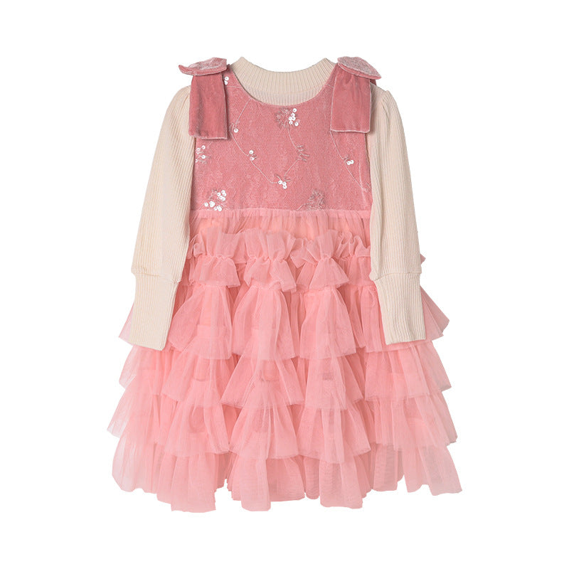 Girls' dress  autumn new arrival: ultra-fairy sequin embroidered children's tulle skirt two-piece princess dress - trendy style
