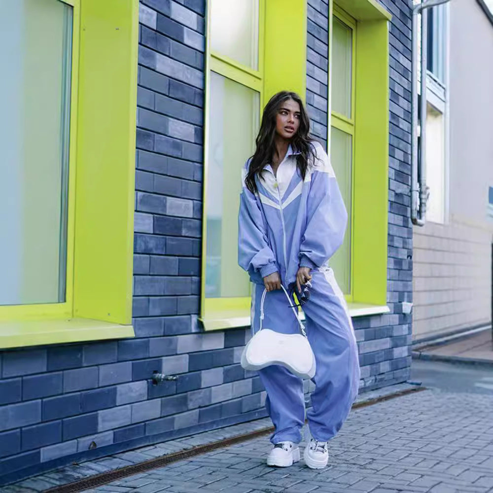 European and American loose casual women's clothing fashion contrasting colors long-sleeved sports cardigan trousers two-piece set women's trousers set women