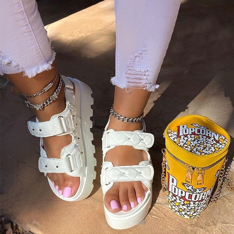 Women's new arrival rivet & plaid platform sandals - european style, plus size, one-strap hook & loop closure, roman sandals