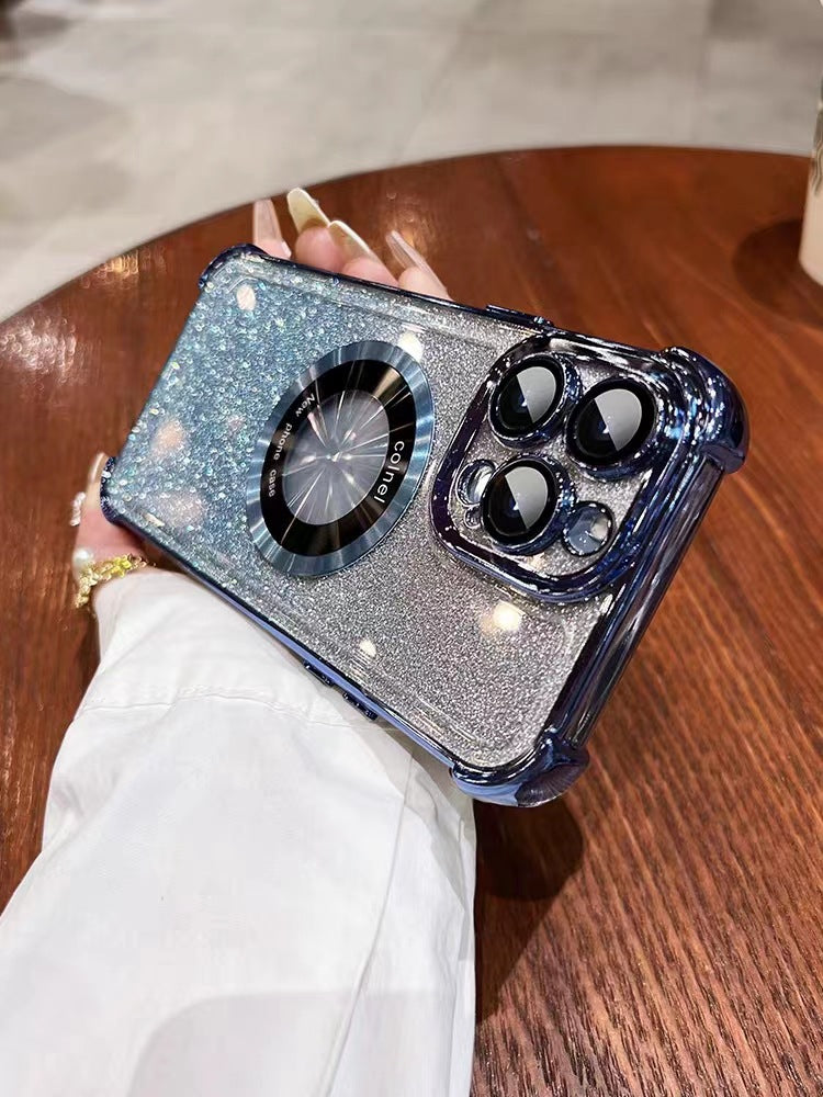 Suitable for iphone17pro electroplated four-corner lens film mobile phone case apple 15 glitter magnetic holder protective cover