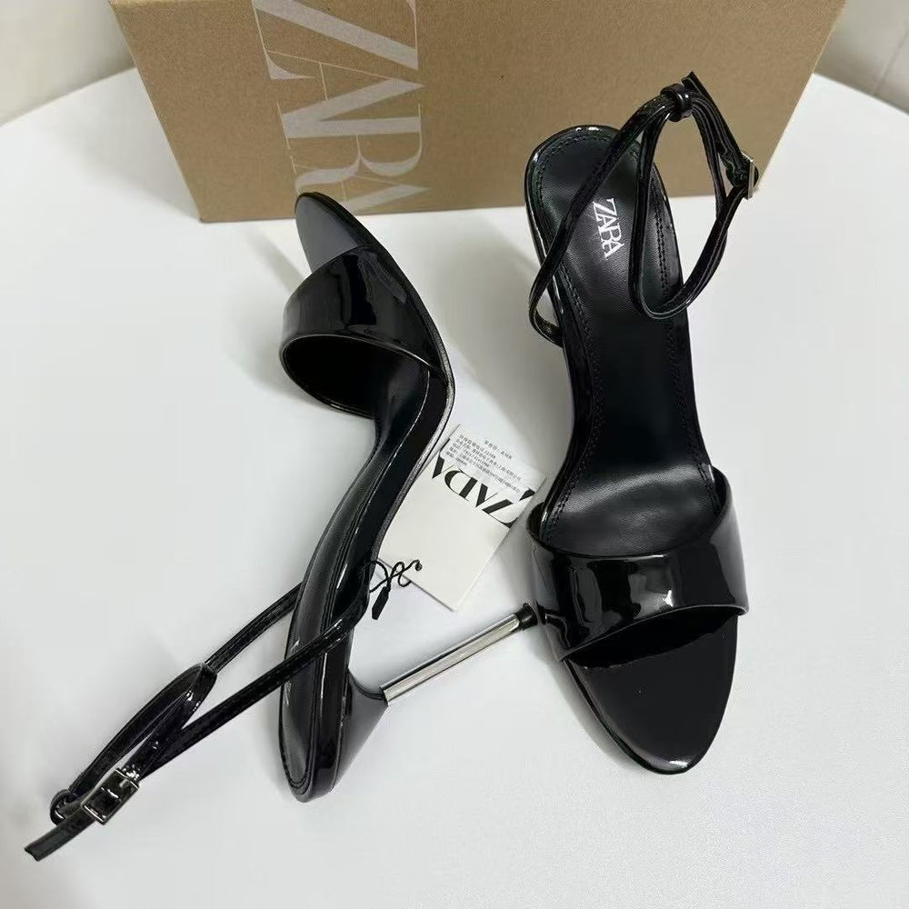 Za2025 new fashion open-toe women's sandals - navy blue, mature style, minimalist single strap, european & american chic, buckle closure