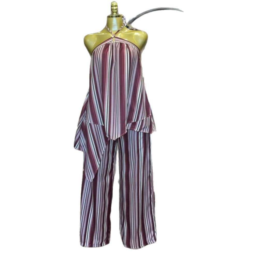European and american cross-border women's fashion:  summer new collection - halter neck sleeveless striped irregular top and wide-leg pants set