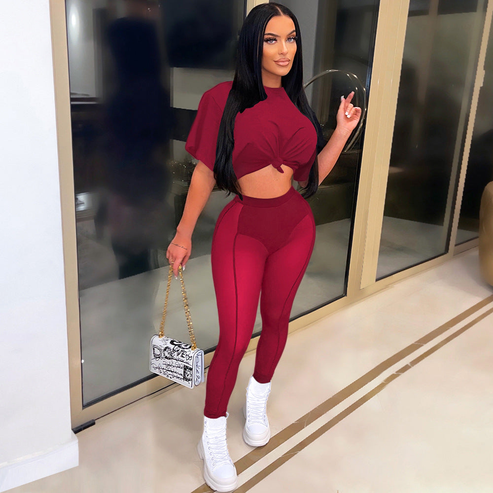 S390279 Cross-border  eBay Women's Sexy Perspective Splicing Short Sleeve T-Shirt Mesh Pencil Pants Suit Women