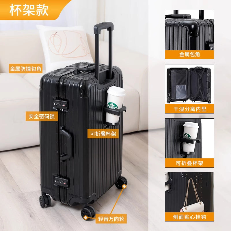 Cup holder aluminum frame suitcase women's scratch-resistant wear-resistant trolley case men's universal wheel password case fashion travel box trend