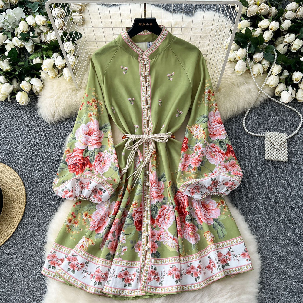 High-end elegancedress women's autumn clothing fashionretro palace stand collar lantern sleeve printing waist slimming look a-line skirt