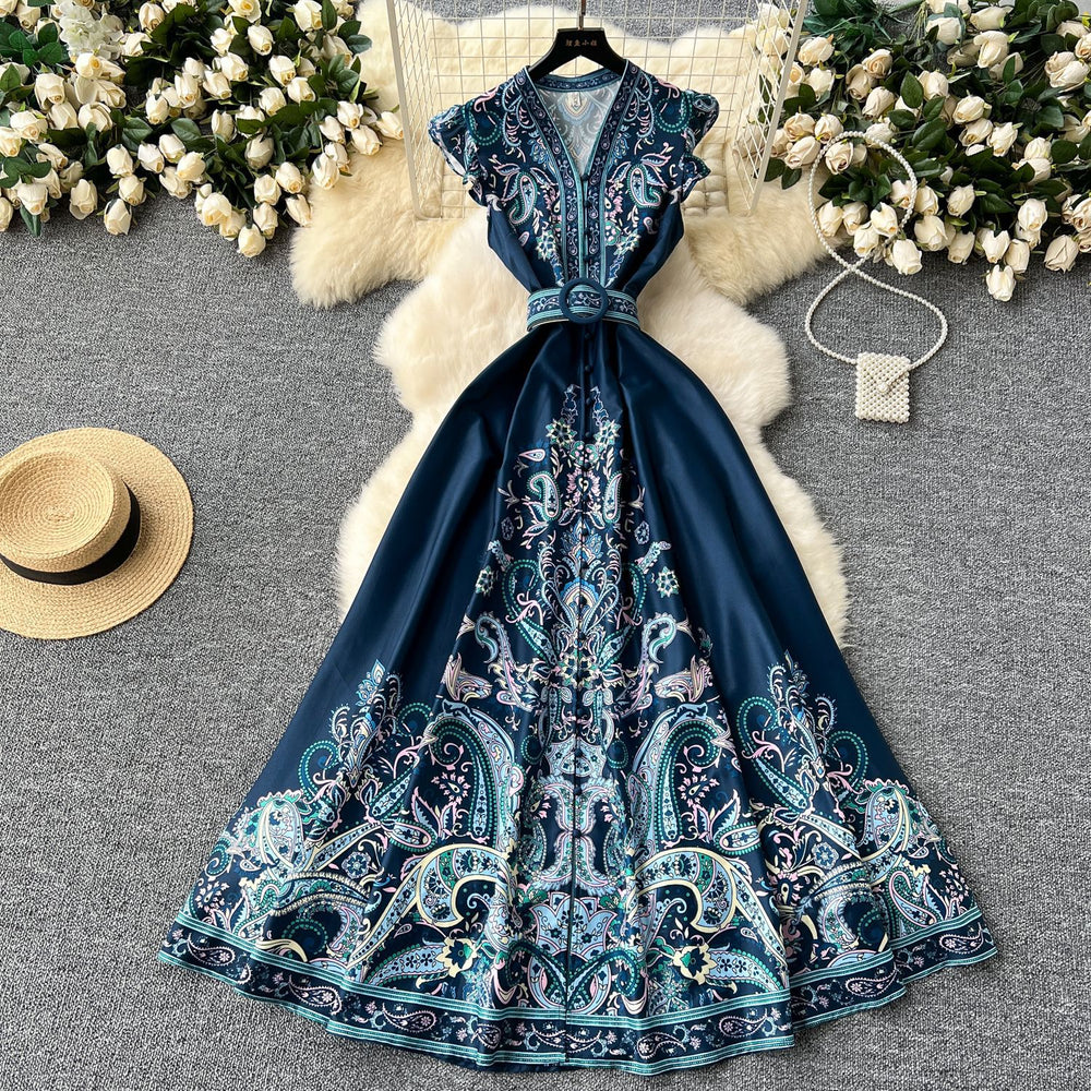 European and american style high-end elegant dress with flutter sleeves, cinched waist, v-neck, single-breasted button detail, and printed design - vintage long dress