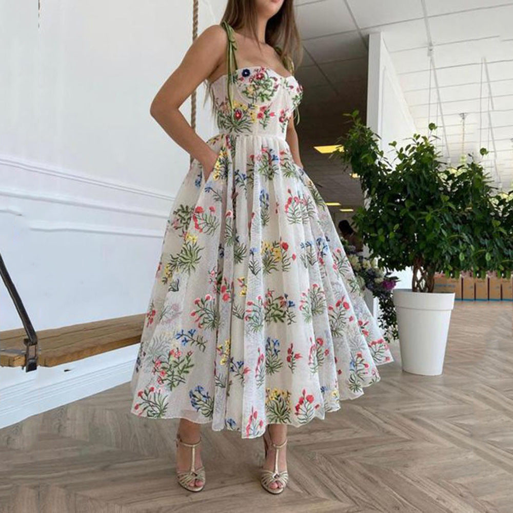 new european and american cross-border women's fashion: cinched waist, sexy criss-cross strappy backless slip dress with embroidered detailing - spring maxi dress