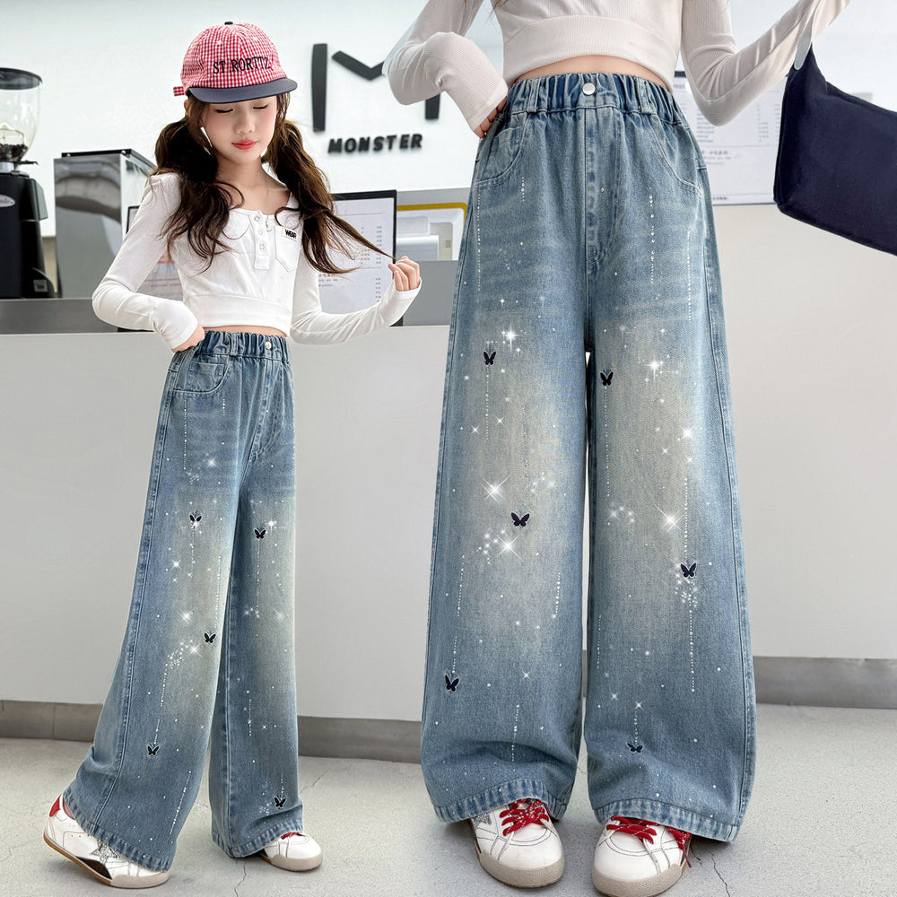 Girls' denim jeans - new spring/autumn collection, rhinestone embellished,  stylish design, straight leg, embroidered detailing, trendy wide leg style for mid-to-large sized children