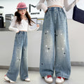 Girls' denim jeans - new spring/autumn collection, rhinestone embellished,  stylish design, straight leg, embroidered detailing, trendy wide leg style for mid-to-large sized children