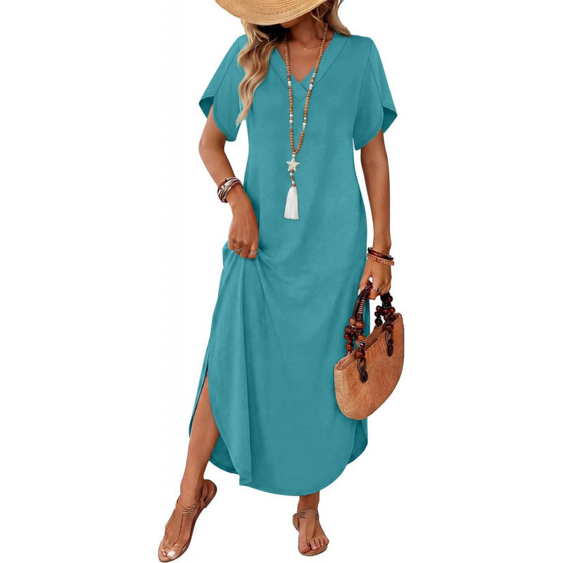 Amazon short-sleeve dress v-neck tank dress  summer new arrival side slit casual beach dress