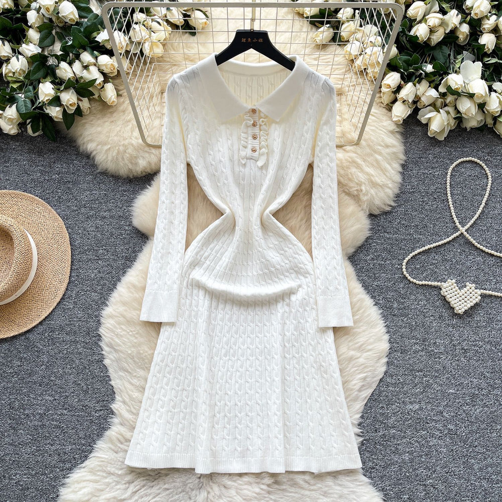 Inner wear sweater skirt with coat autumretro lapel waist slimming lookelegantlong sleevesknittingdress