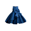 Ready-to-ship cross-border girls' formal dress, round neck vest, navy blue bow, satin dress, european and american style flower girl evening gown