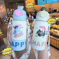 Creative double-drink kids' thermos: 316 stainless steel, one cup, three ways to drink, cute character straw cup, large capacity water bottle