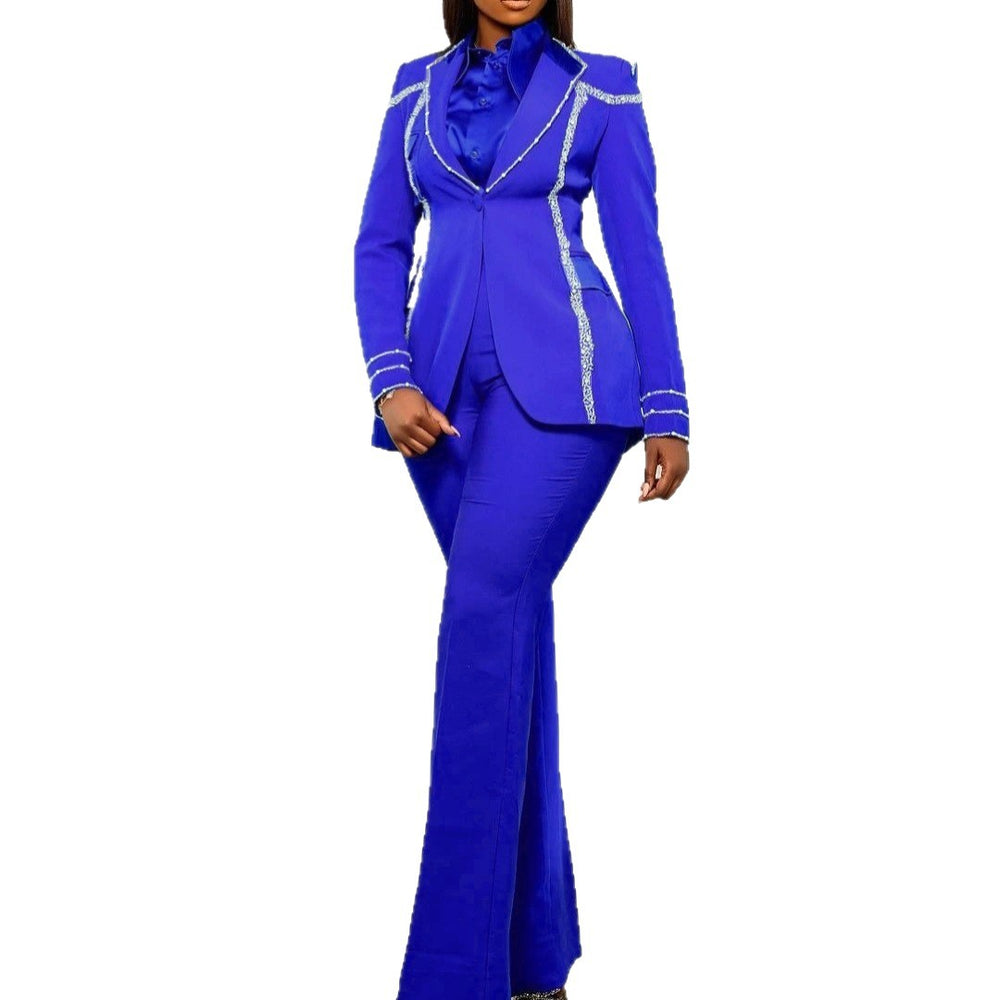 elegance suittwo-piece set lapel beaded suitoutwear with straight-leghigh waist pantstwo piece set