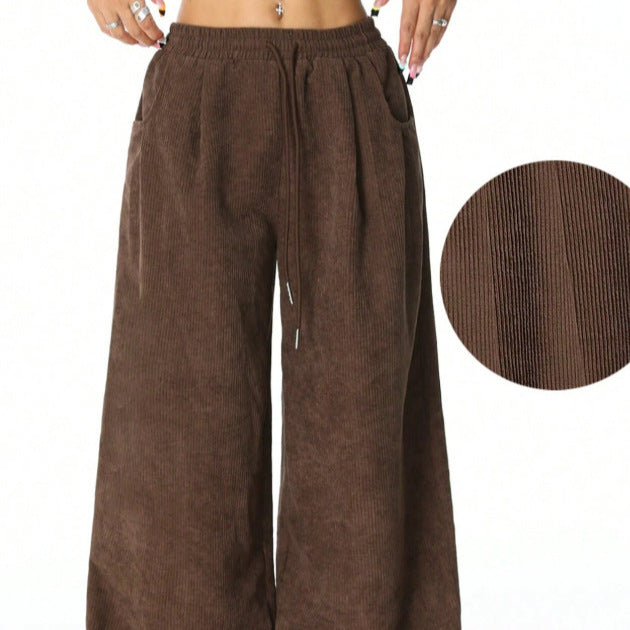 fashion cross-border american corduroy loose pants high waist drawstring loosemoppants
