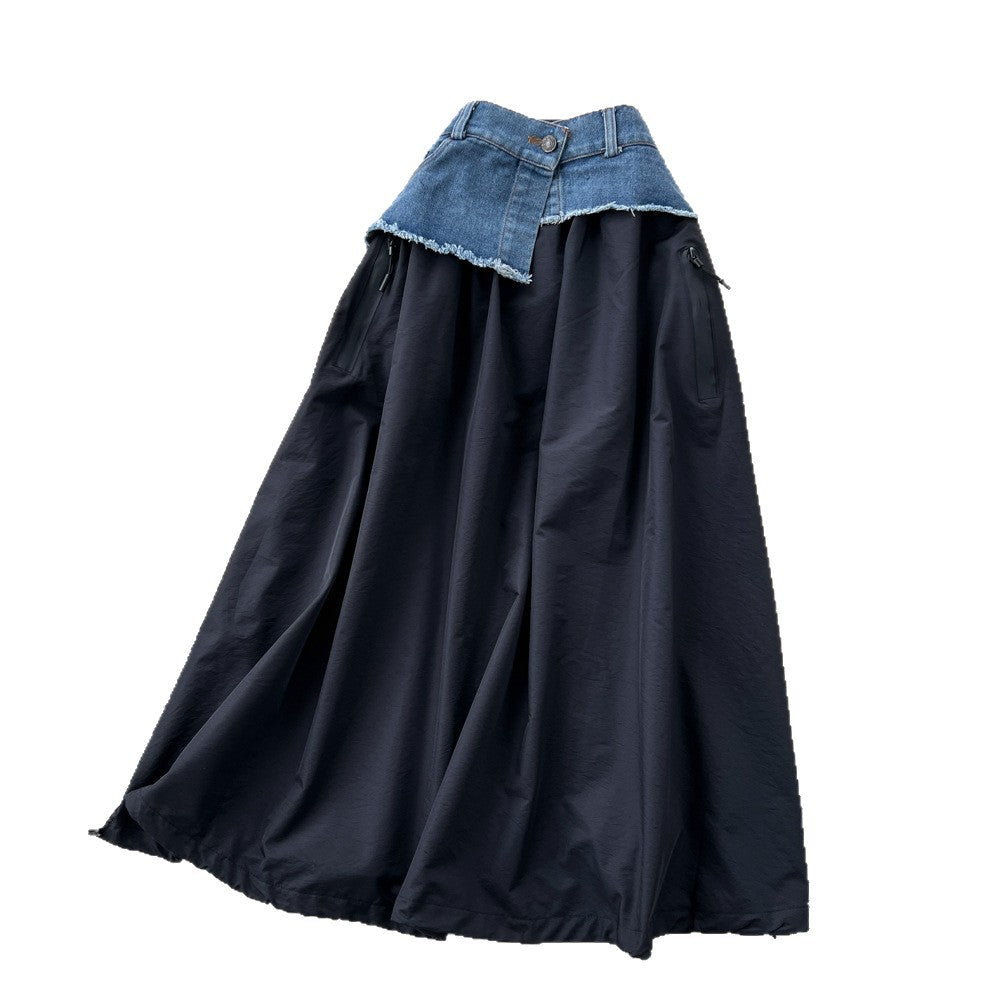 Literaryeasiest for match denim patchwork skirt for women autum lazy style casualeasiest for matchhigh waist large swing mid-length skirt