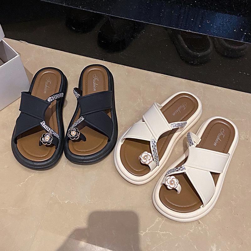 Influencer-approved camellia rhinestone slides - women's summer fashion sandals, perfect for dressing up with skirts, open toe style