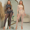 C6958 cross-border   independent station hot diamond fashion sexy see-through jumpsuit pants two-piece set