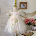 summer girls' dress - sweet floral print, bubble sleeves, formal dress, everyday satin ribbon princess dress - clearance sale (limited sizes available)