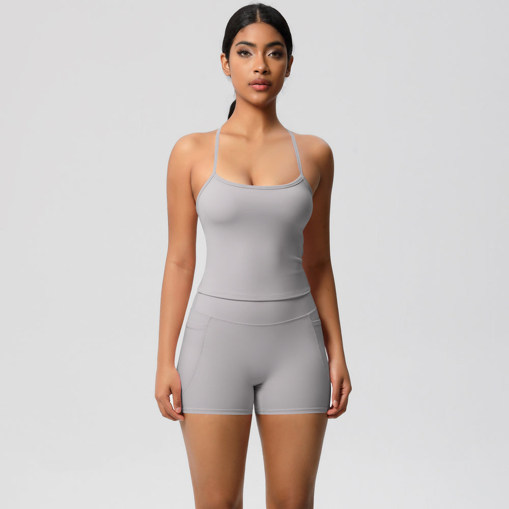 Cloud-feel, brushed, quick-dry yoga set: tank top with racerback, butt-lifting shorts, and pockets - perfect for running and fitness