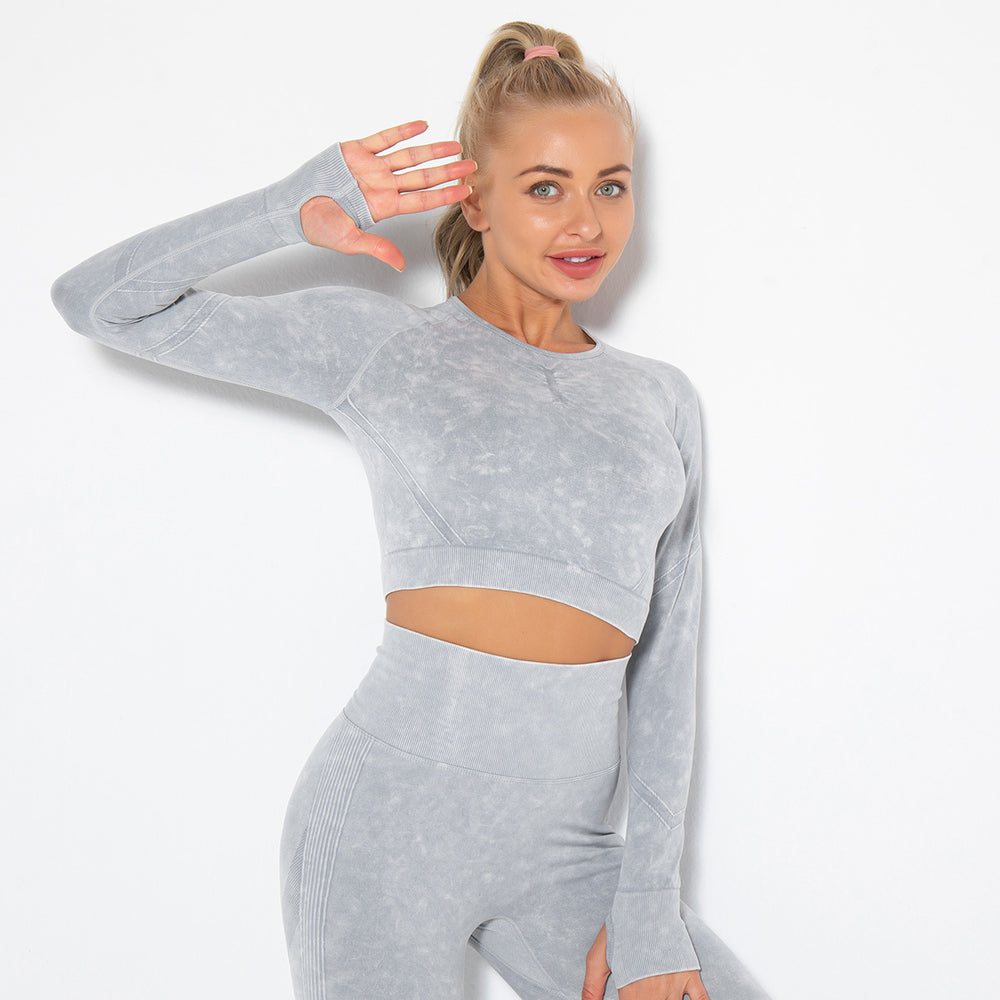 In stock! new european and american style sexy fitness wear for women, tight-fitting, quick-drying, washed athletic running long-sleeve top, yoga outfit