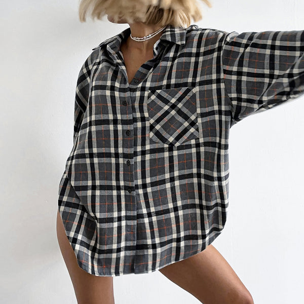 American retro gray plaid shirt 2024 spring wear loose design sunscreen shirt medium and long women's clothing