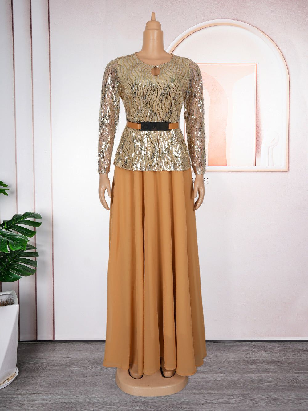 e-commerce  sequin banquet party dress long gown african women's plus size dress with belt