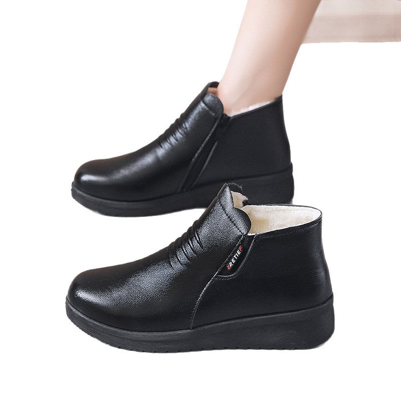 Thickenedheattech middle-aged and elderly cotton shoes women's winterladieswear shoes fleece-linednon-slipflats soft bottom plaid grandma leather shoes