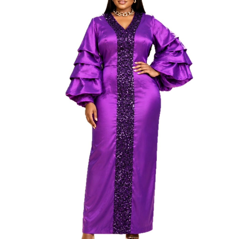 New sequin patchwork lantern sleeve dress - ruched waist, slim fit african robe, evening gown for banquets
