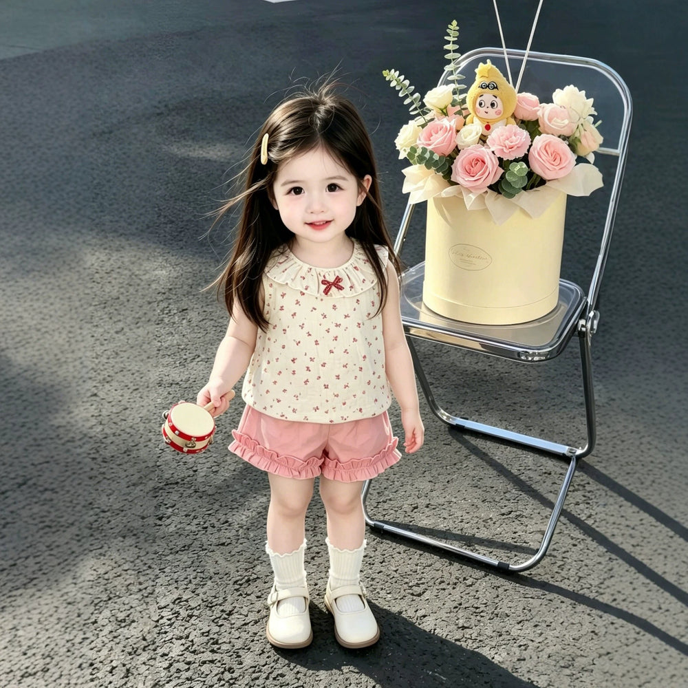 Girls' summer outfit : new floral sleeveless top and shorts set, princess style, two-piece outerwear for toddlers and young children