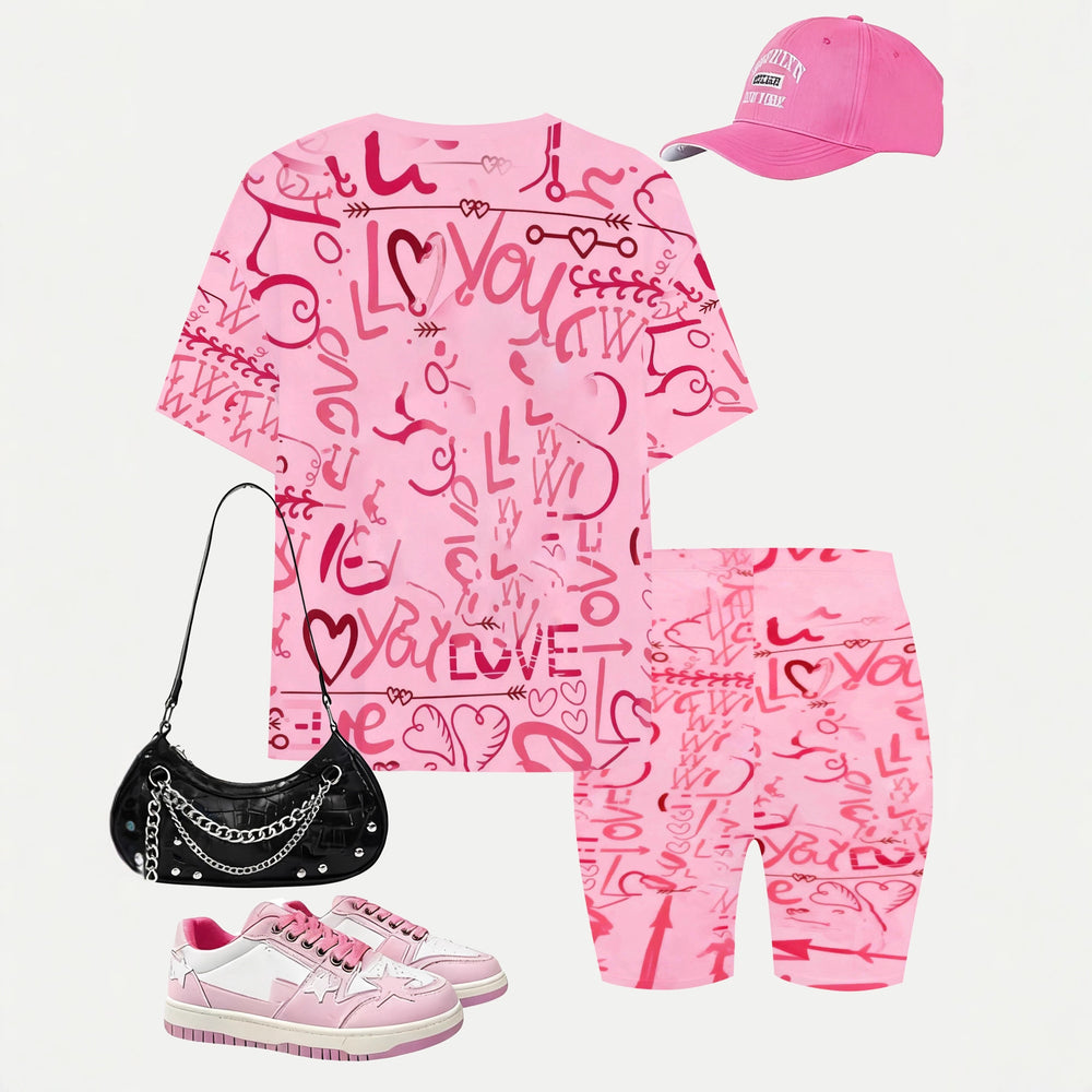 Girls' t-shirt and shorts set featuring a cartoon short-sleeve design and printed graphics, perfect for a cute and casual streetwear look
