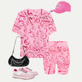 Girls' t-shirt and shorts set featuring a cartoon short-sleeve design and printed graphics, perfect for a cute and casual streetwear look