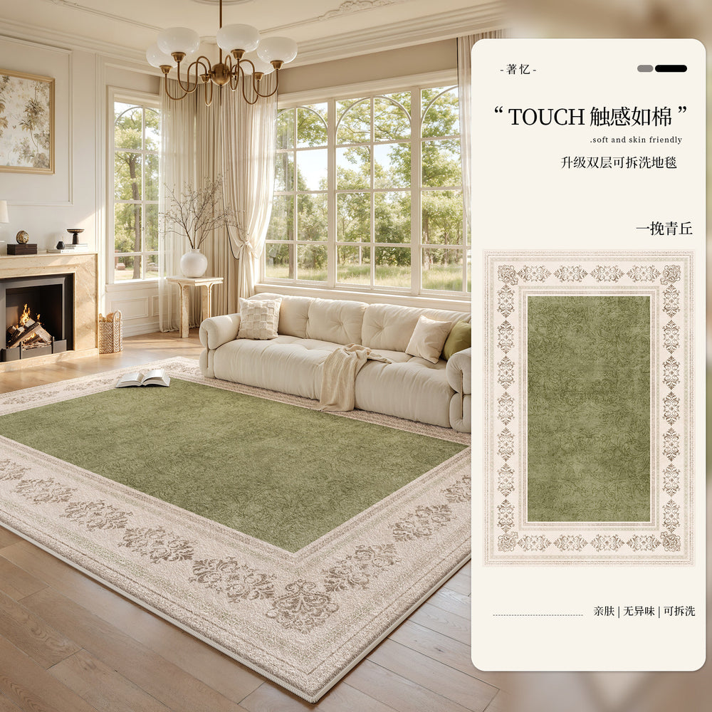 Removable and washable carpet for living room and bedroom, green retro medieval style, machine washable, double layer classy soundproof floor mat for home use