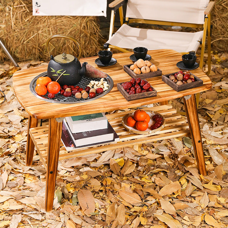Household outdoor multifunctional solid wood desktop stove foldable storage barbecue grill barbecue stove camping style stove tea table