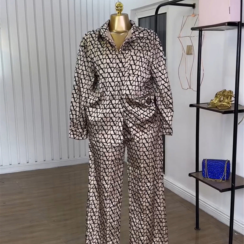 European and american cross-border women's fashion:  autumn new collection - trendy printed oversized long-sleeve shirt and wide-leg pants casual set